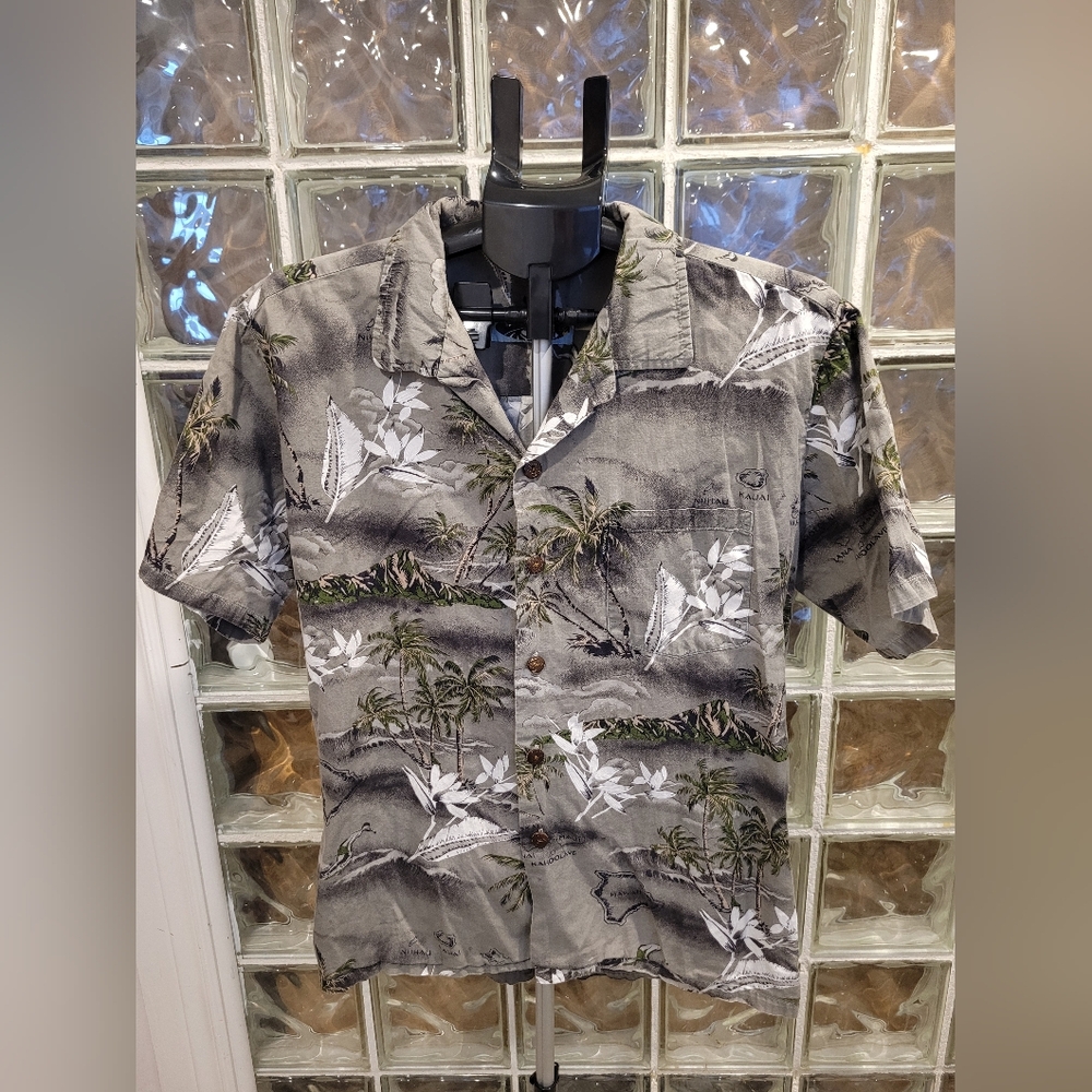Vintage Palmwave Hawaii Aloha Shirt Hawaiian Island Print Gray Button Up Men's L